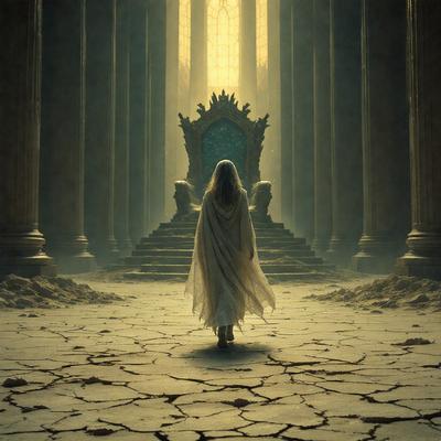 The primary subject of the image is a woman dressed in a white gown, walking down a hallway in a castle. The setting is a large, dark room with a stone floor, and the visual style appears to be a combination of photo and digital art. The woman is the main focus of the image, and the overall atmosphere is dramatic and mysterious.